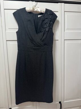 Trina Turk Charcoal Gray Cap-Sleeve Sheath Dress with Floral Appliqué